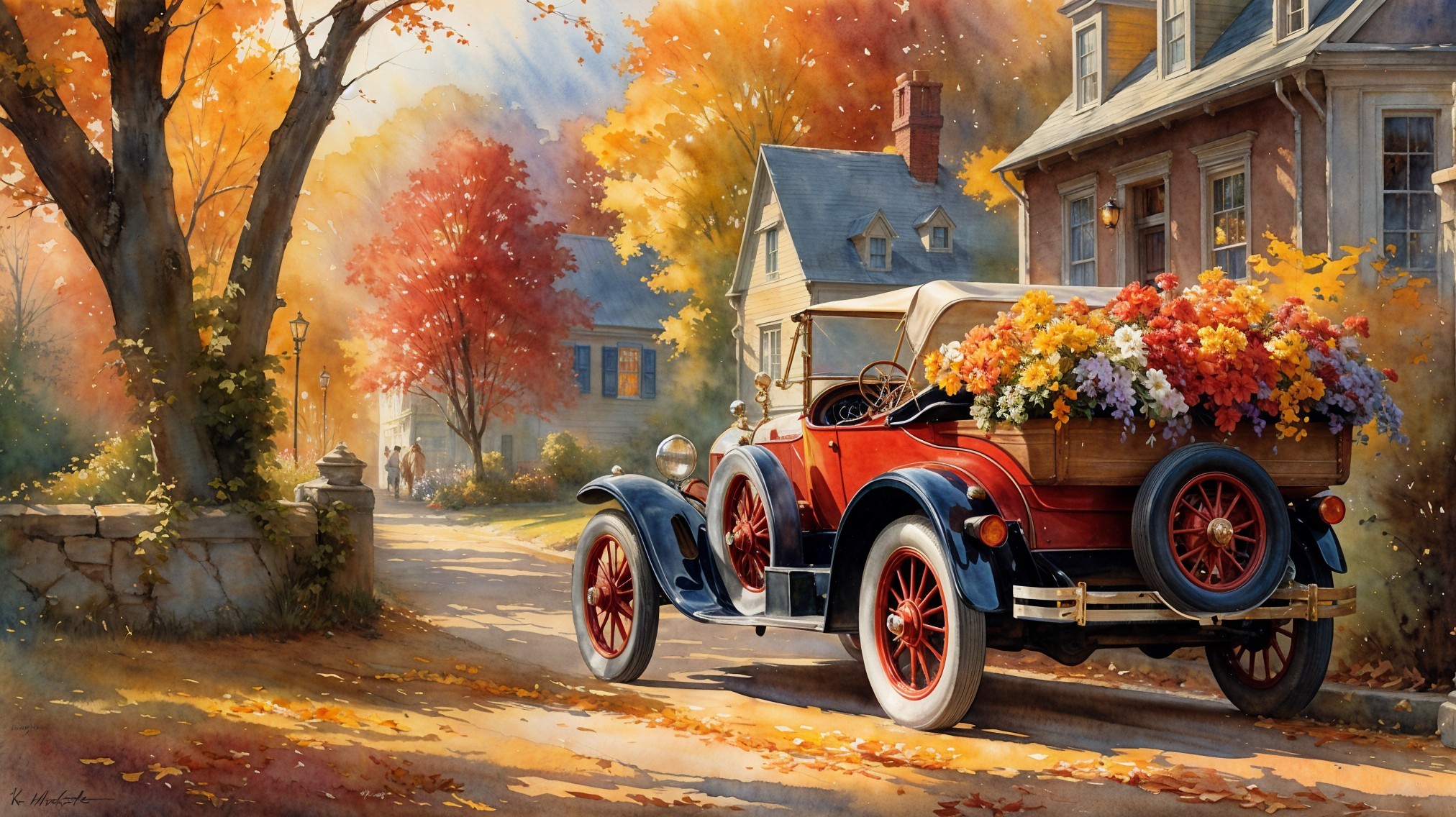 Vintage Car Surrounded by Autumn Trees and Flowers