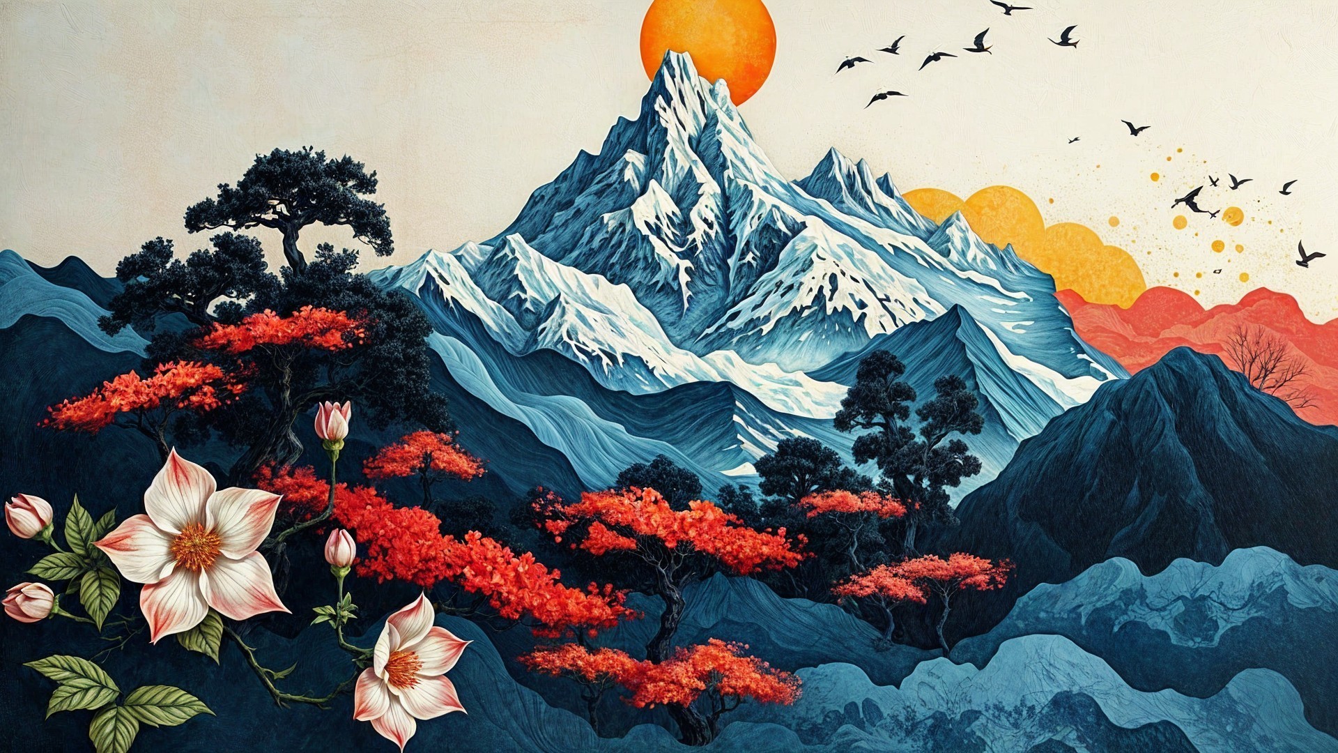 Vibrant Mountain Landscape with Colorful Flowers and Sun