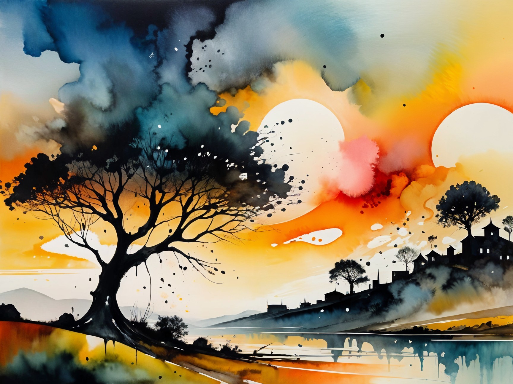 Vibrant Watercolor Landscape of Sunset River Scene