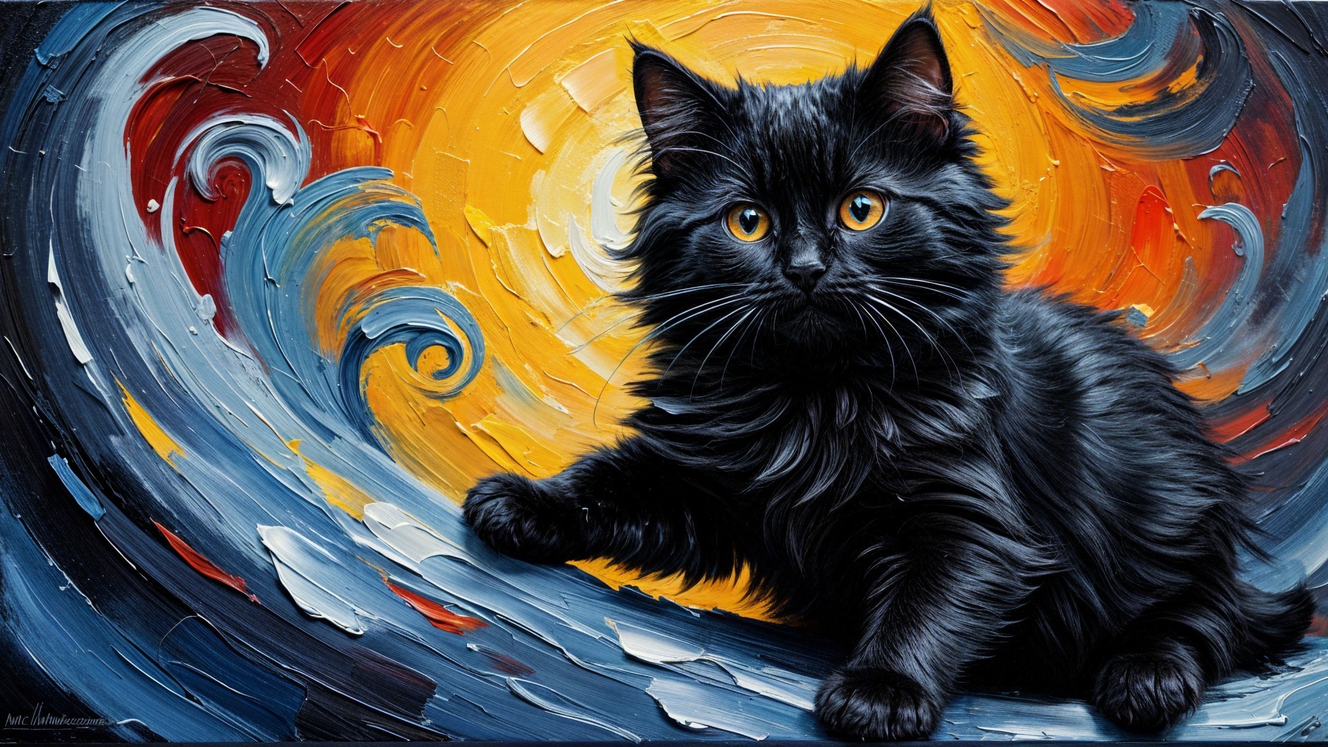 Whimsical Painting of a Black Cat on Colorful Waves