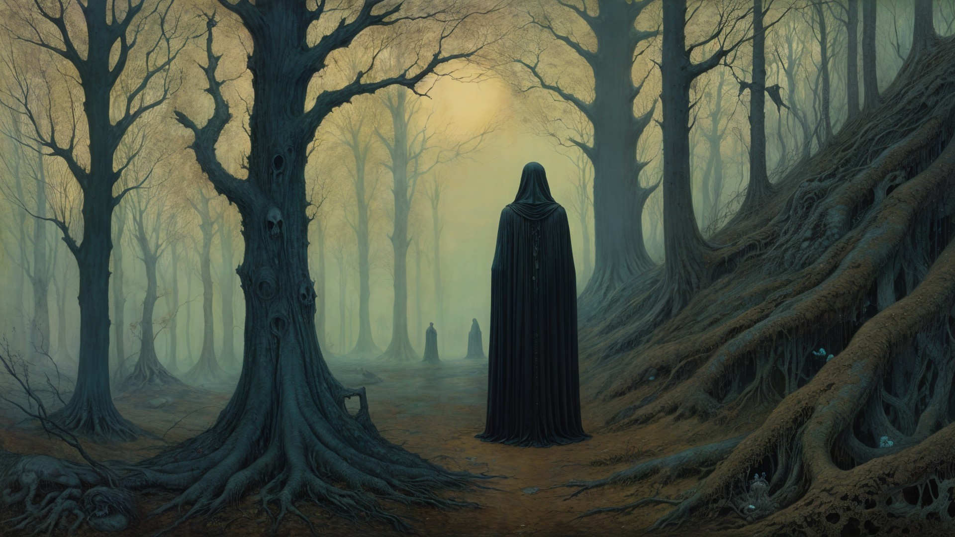 Misty Forest with Cloaked Figures and Ancient Trees
