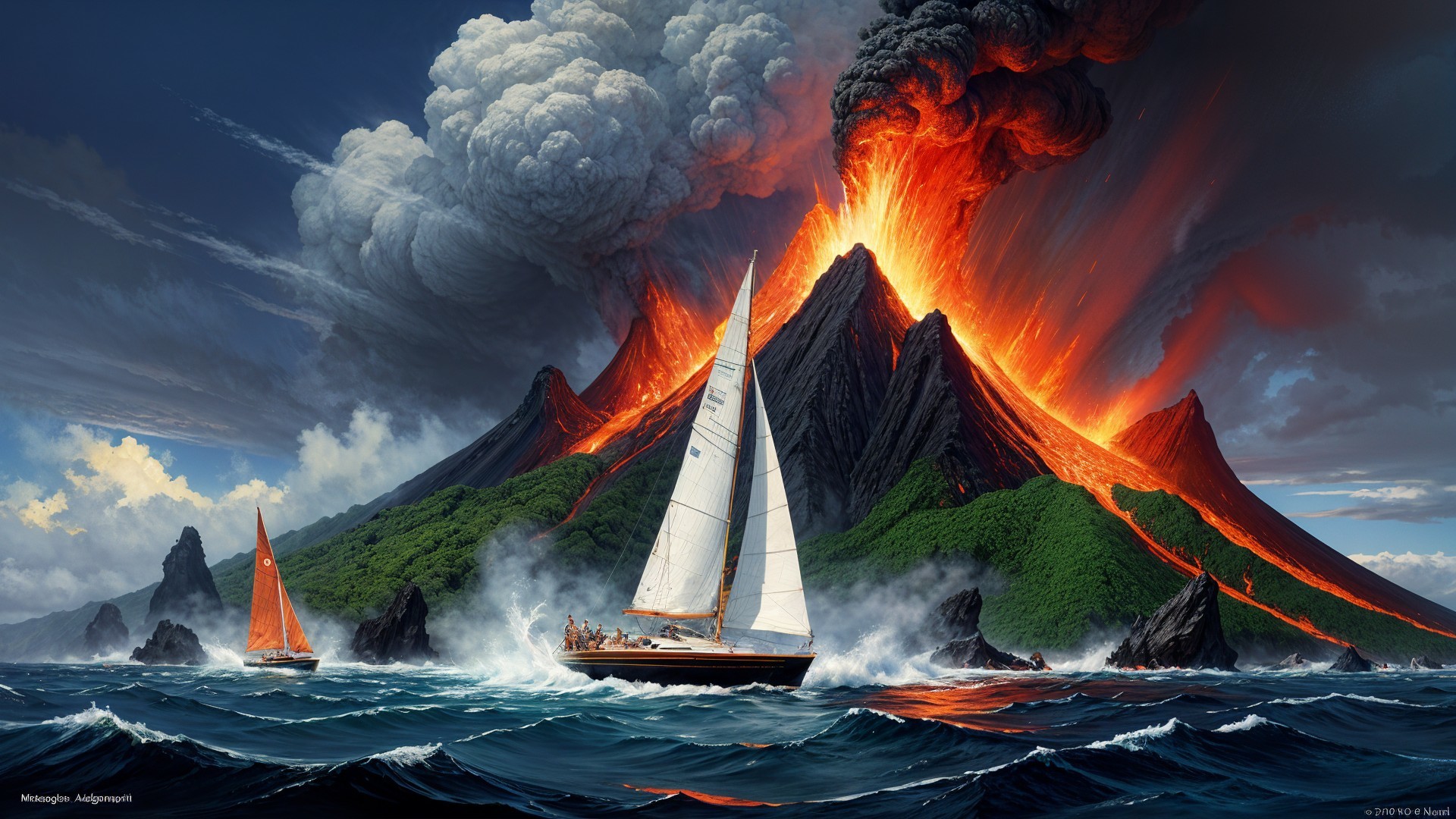 Volcanic Eruption on a Lush Island with Sailboats