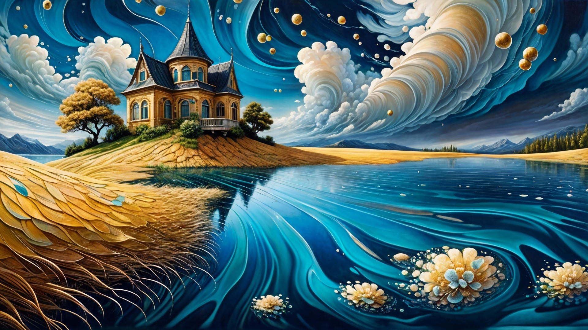 Whimsical Landscape with Yellow House and Scenic Views