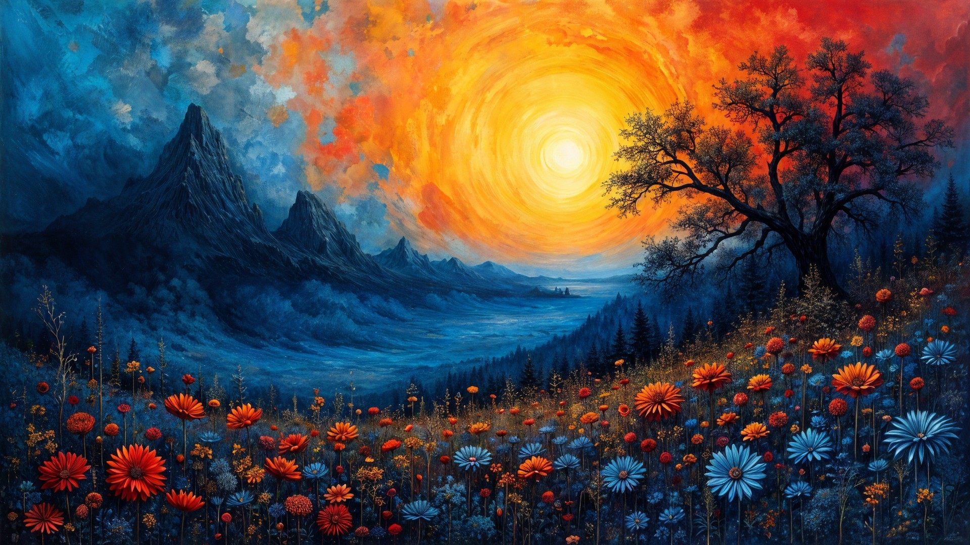 Vibrant Sunset Landscape with Colorful Meadow and Mountains