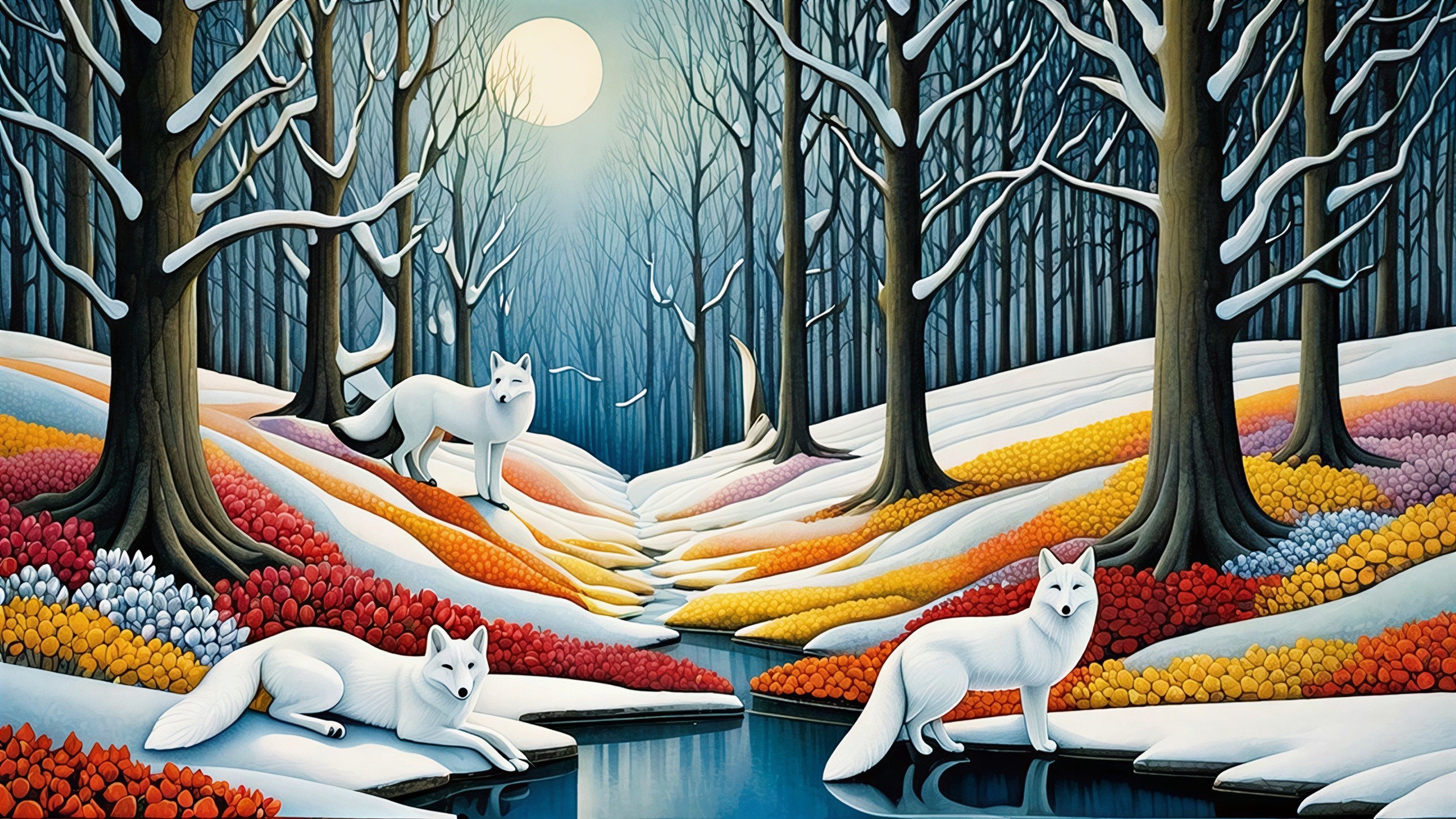 Tranquil Winter Scene with Three White Foxes in Snow