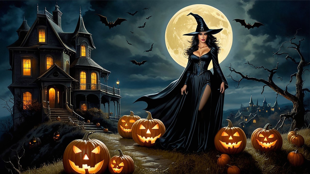 Witch in Black Gown by Haunted Mansion with Pumpkins