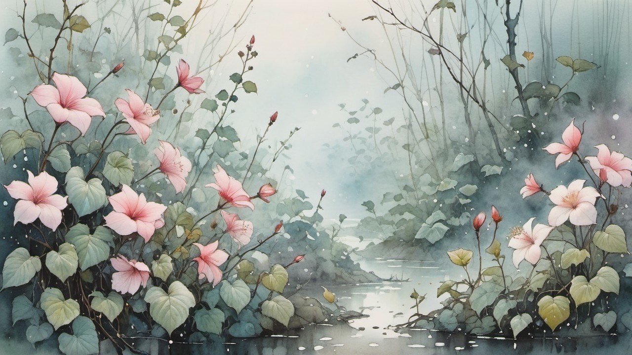 Serene Landscape with Pink Flowers and Tranquil Waterway