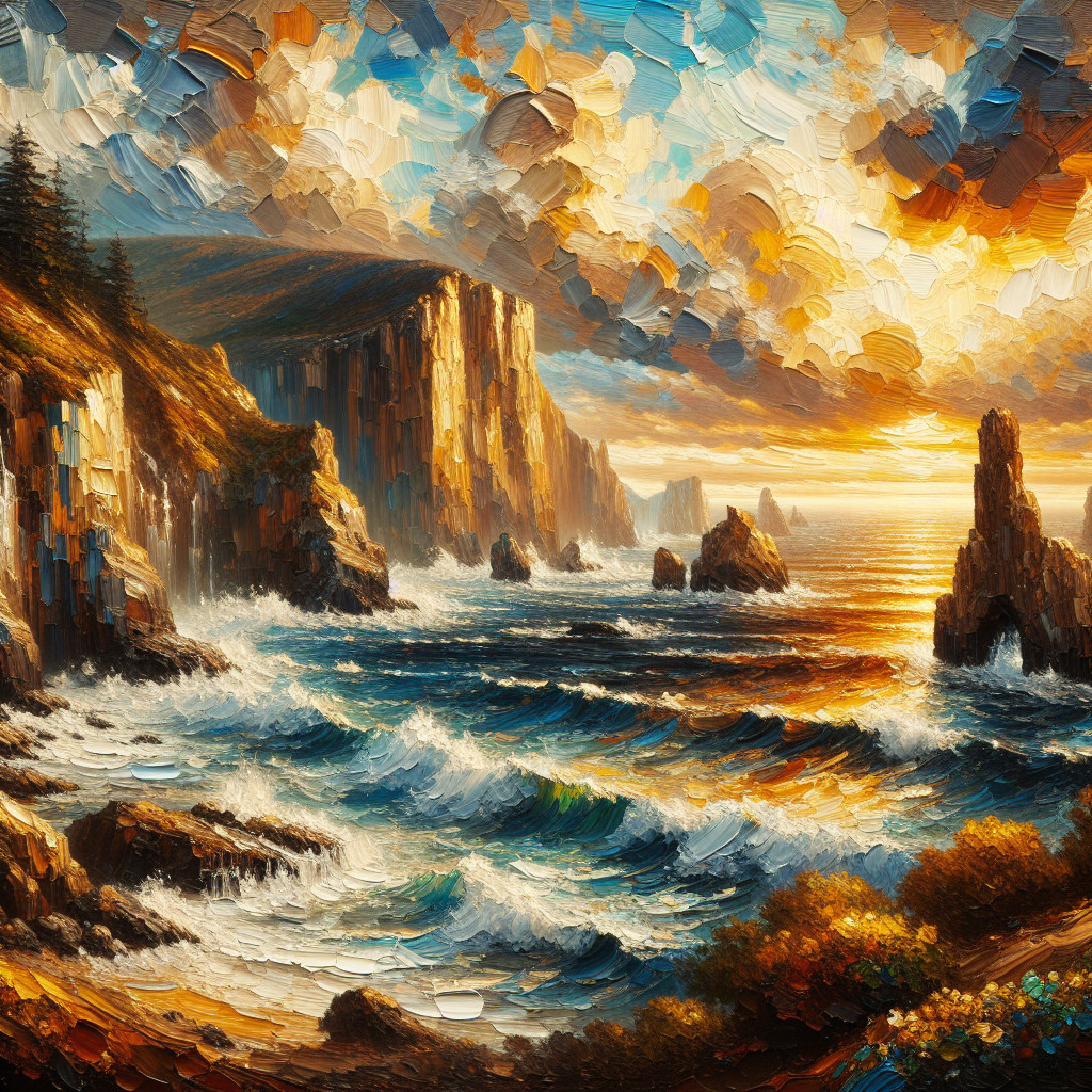 Seascape with Cliffs, Waves, and Colorful Sunset