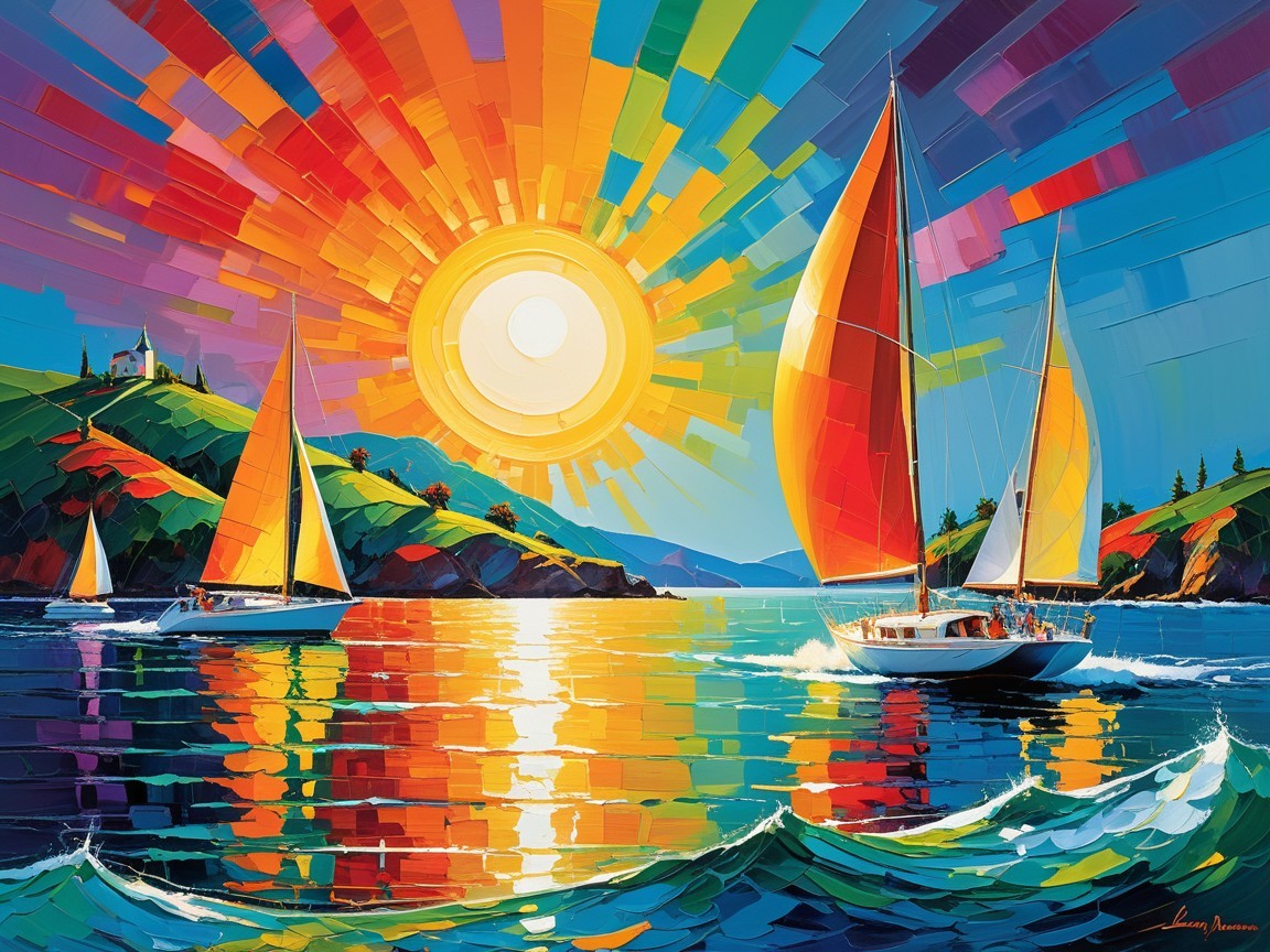 Vibrant Sunset Over a Serene Bay with Sailboats