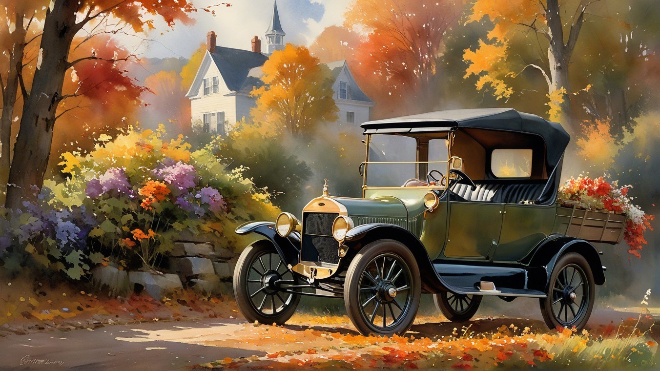 Vintage Car Surrounded by Autumn Foliage and House