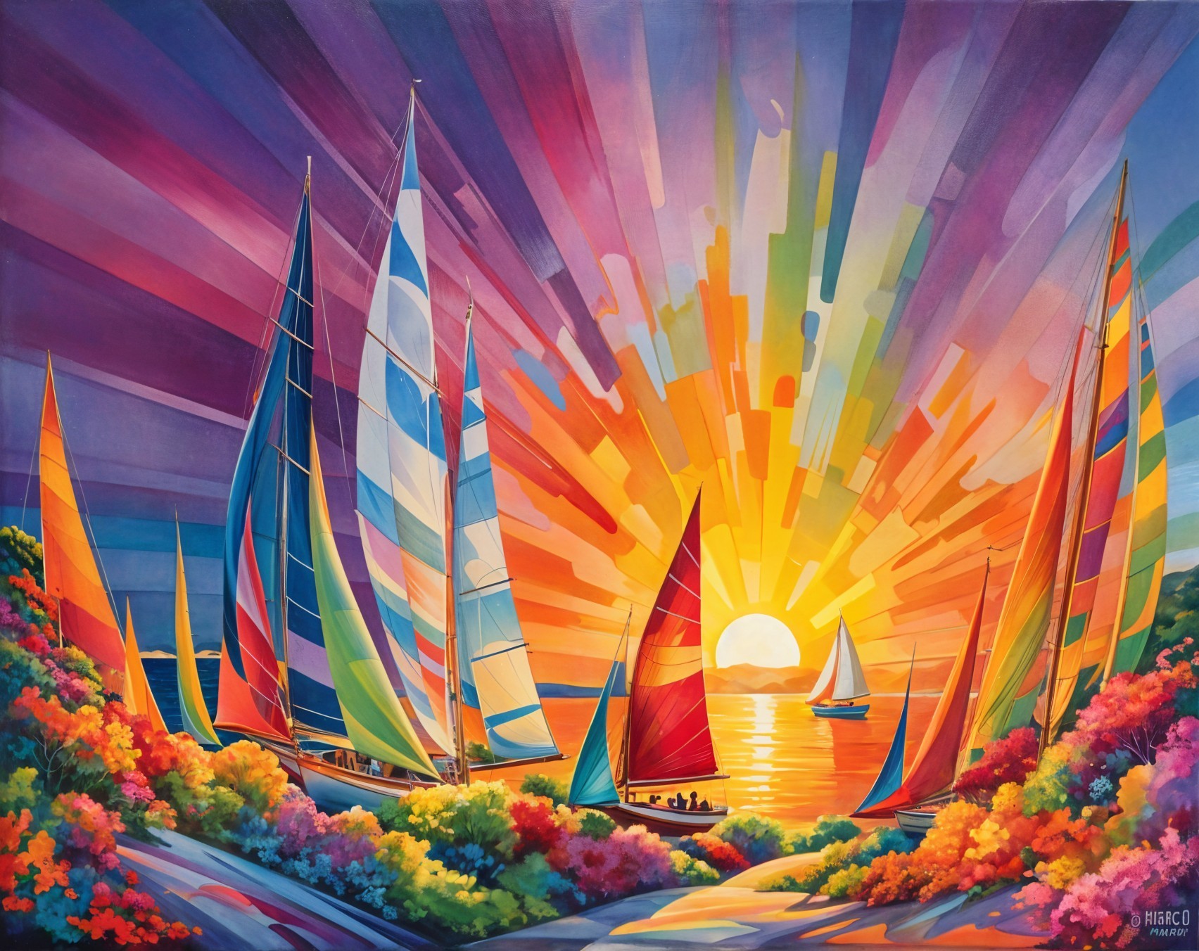 Vibrant Sunset Over a Serene Bay with Sailboats