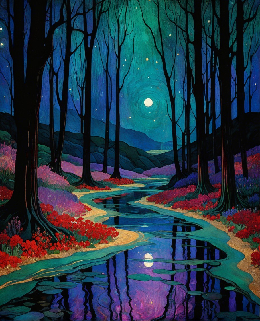 Tranquil Night Scene with Moonlit River and Trees