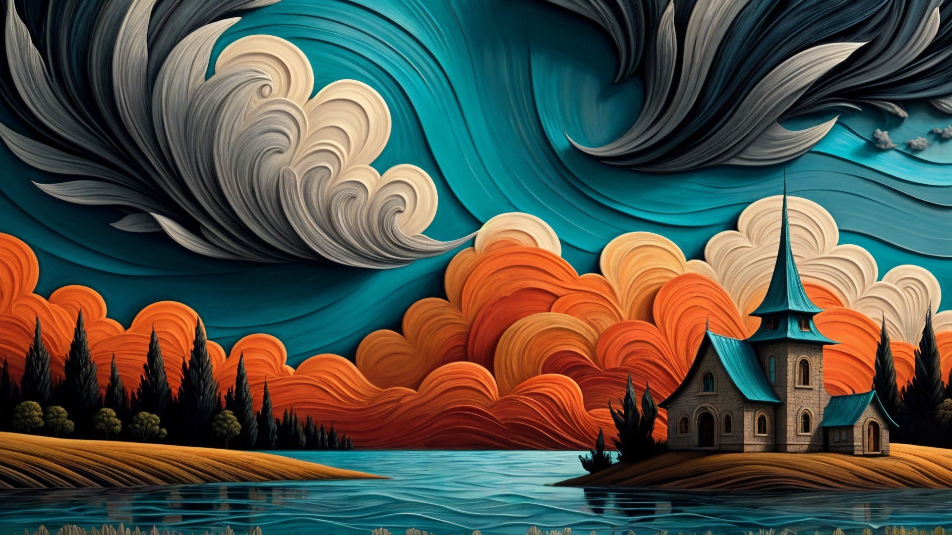 Serene Lake Landscape with Vibrant Clouds and Church