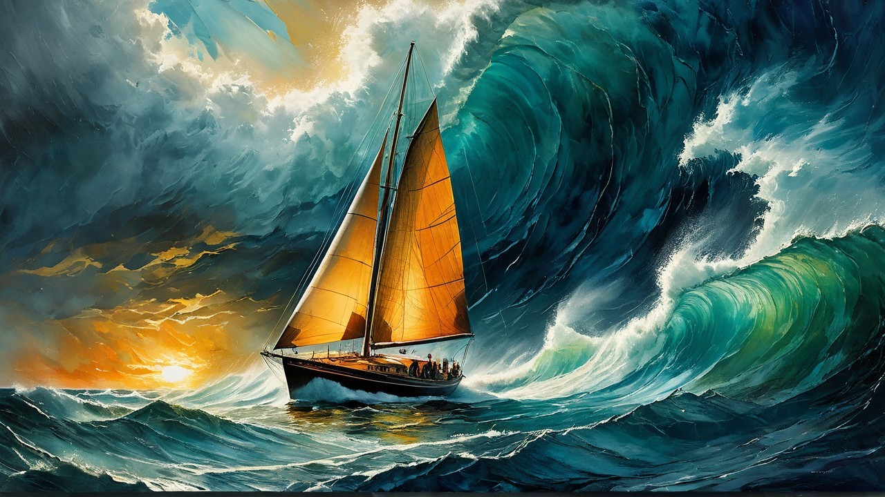Vibrant Painting of Sailboat in Dramatic Ocean Scene