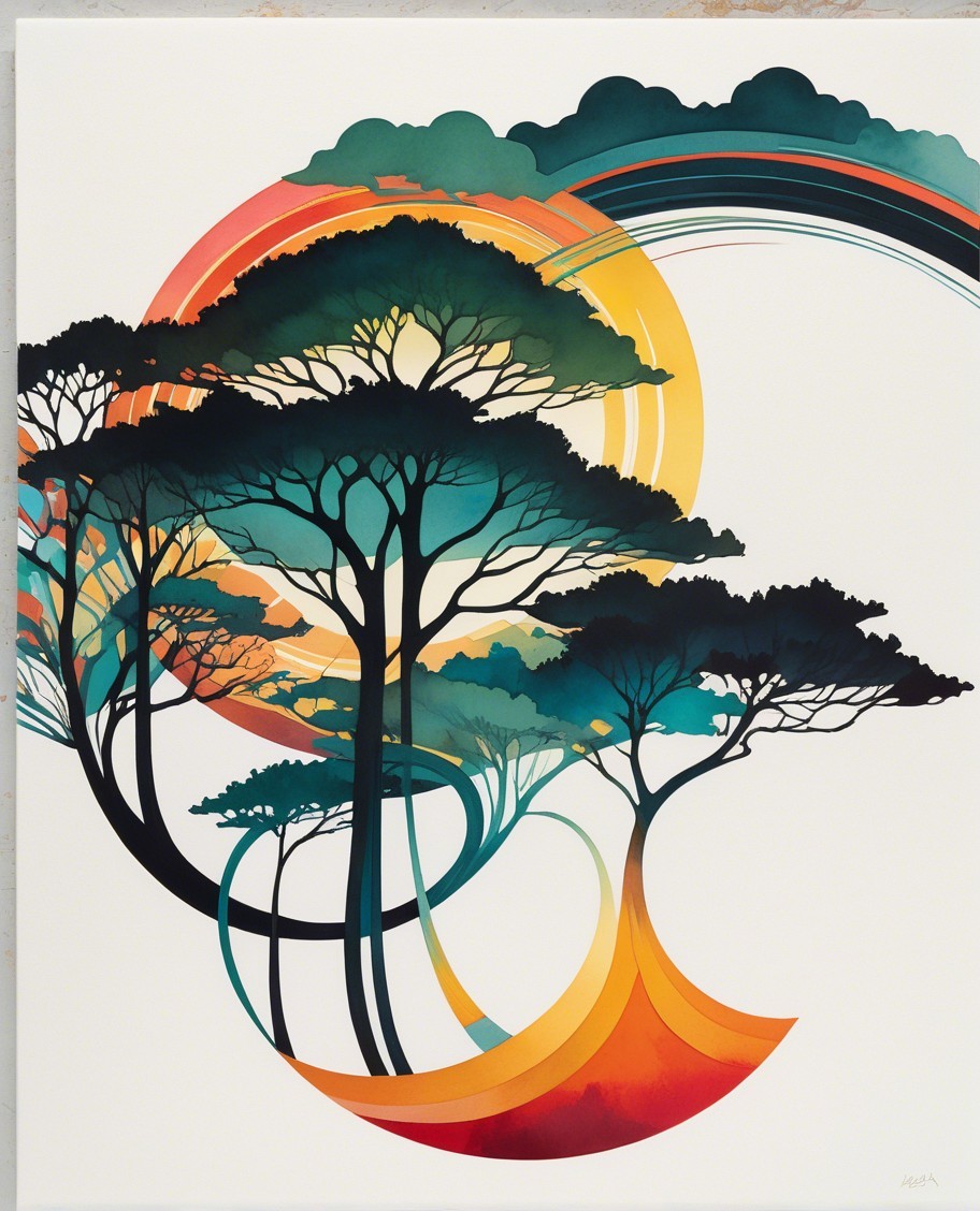 Stylized Tree Silhouettes on Abstract Colorful Background