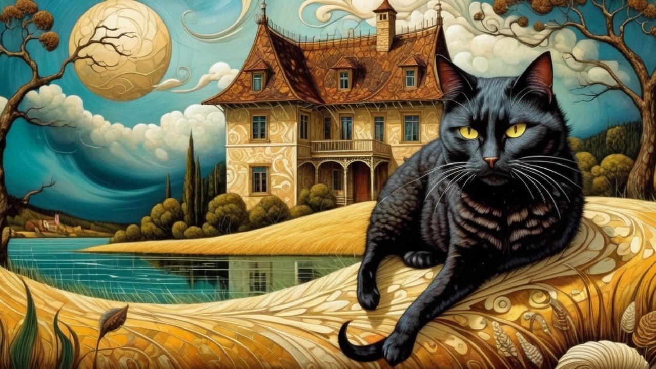 Black Cat in Golden Field with House and Lake Background