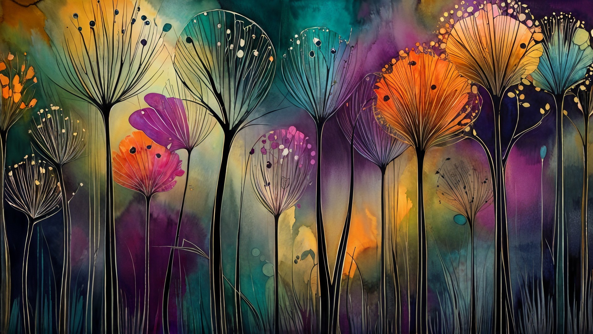 Vibrant Abstract Landscape with Whimsical Flowers