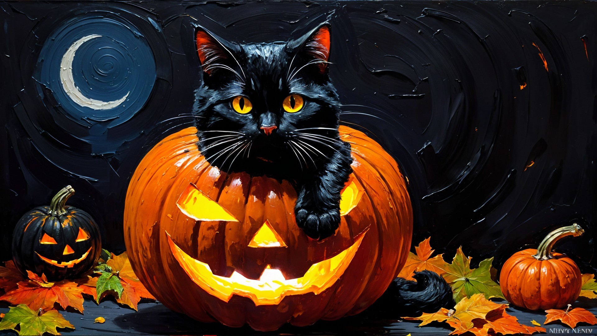 Black Cat on Carved Pumpkin in Halloween Setting