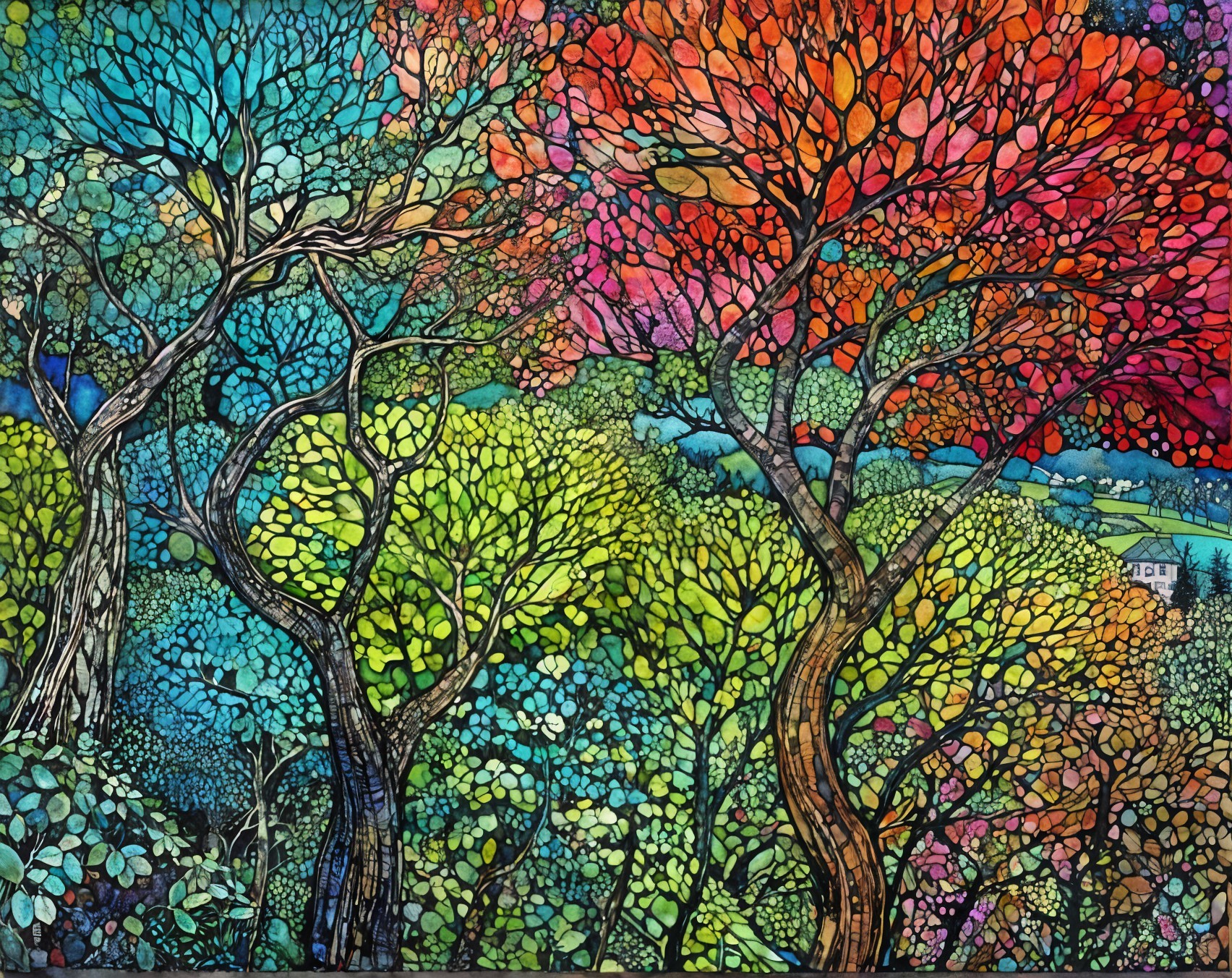 Colorful Abstract Landscape with Vibrant Trees