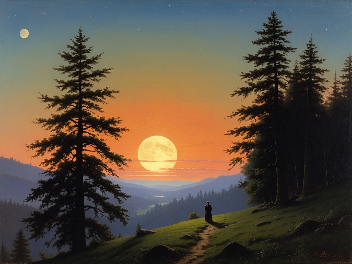 Vibrant Sunset and Moon Over Serene Landscape