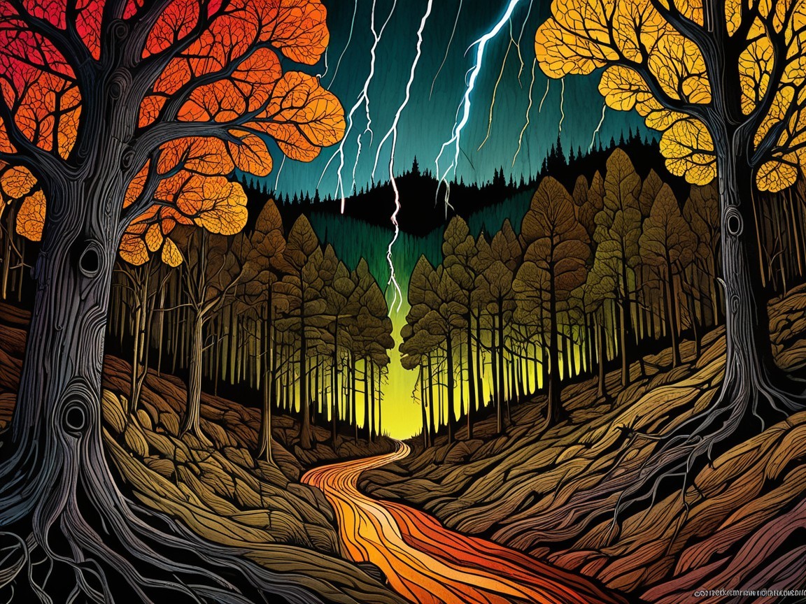 Vibrant Autumn Landscape with River and Lightning