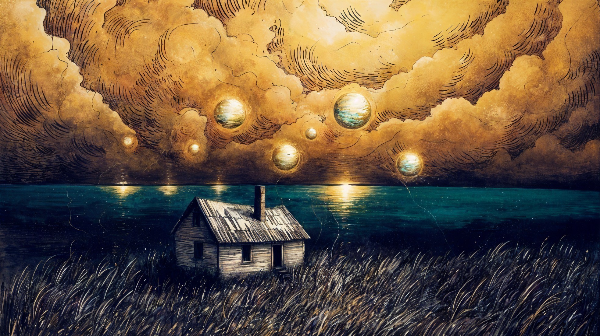 Weathered House by Tranquil Sea Under Dramatic Sky