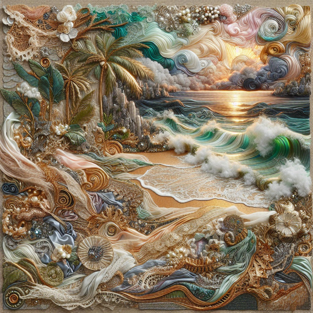 Coastal Scene with Waves, Palm Trees, and Sunset