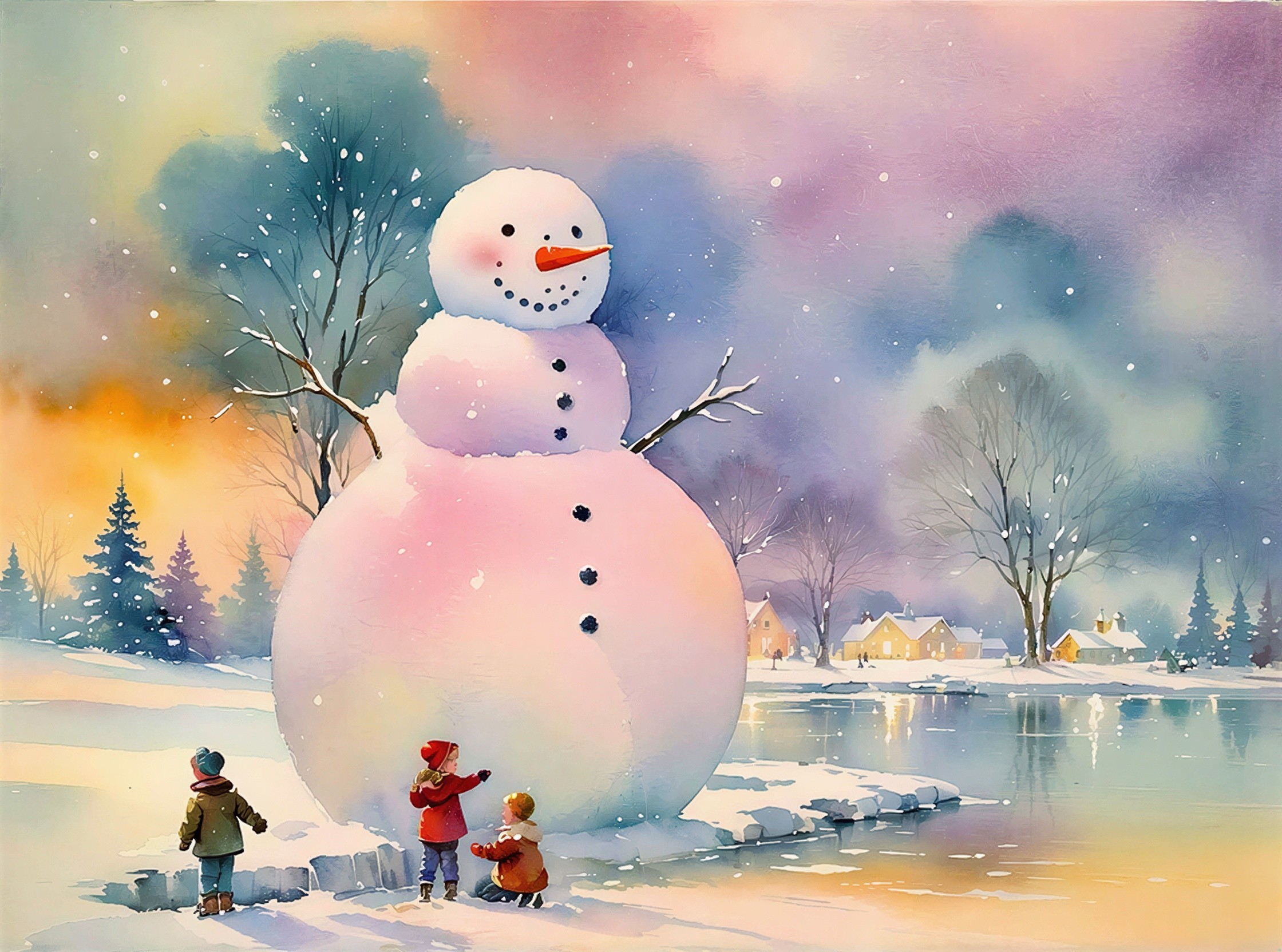 Watercolor of Snowman by Frozen Lake with Children
