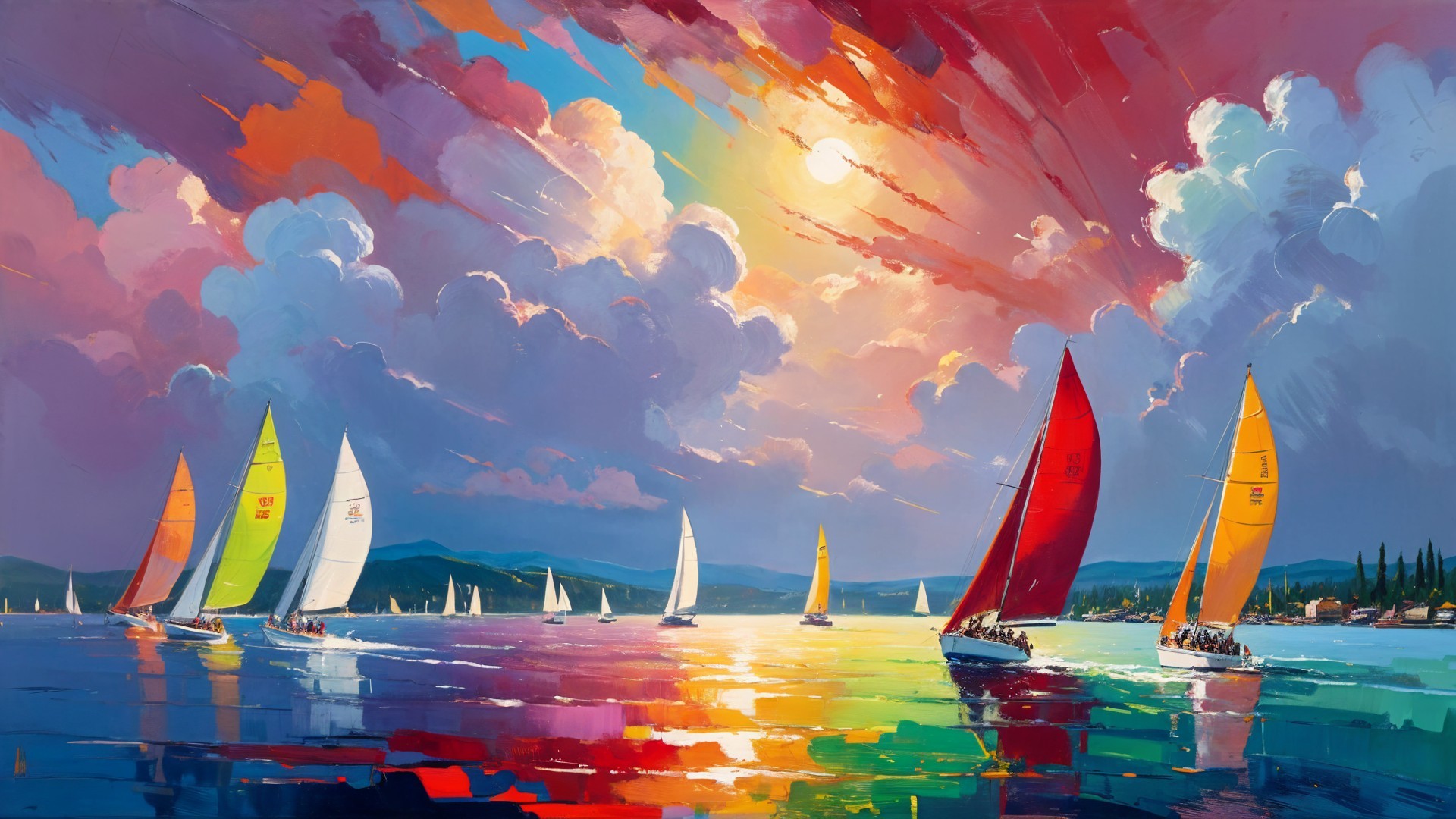 Colorful Sailing Scene on Shimmering Water