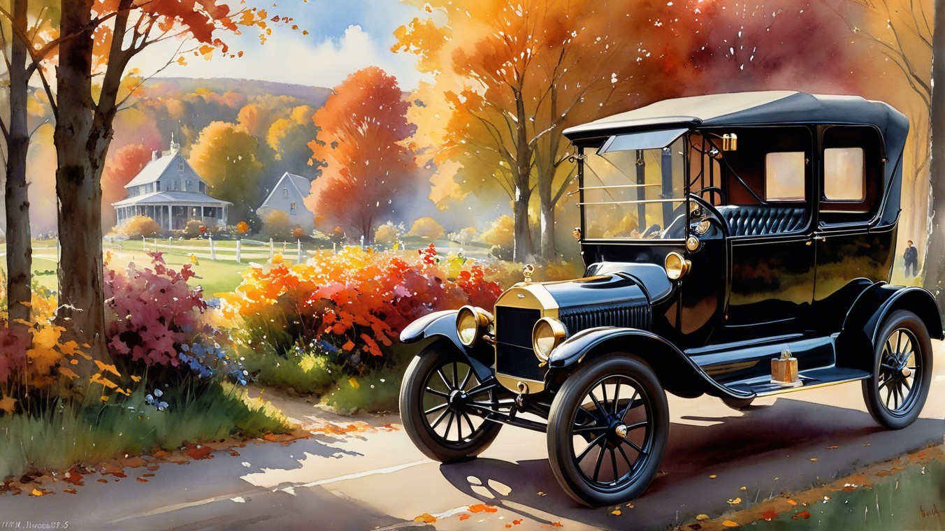 Vintage Black Car Amidst Autumn Foliage on Country Road