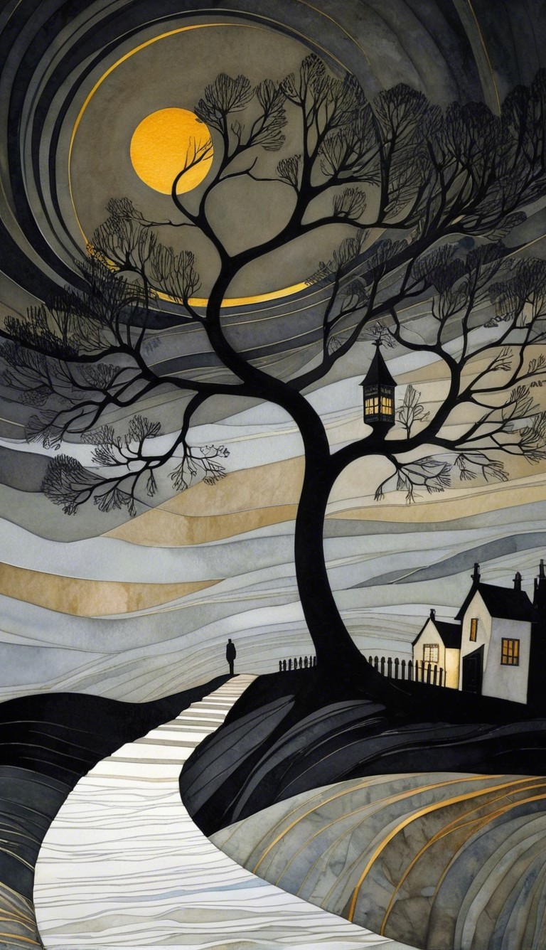 Serene landscape with winding path and glowing lantern