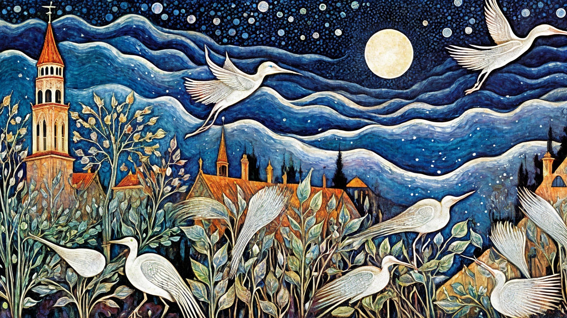 Moonlit Night Scene with Birds and Quaint Village