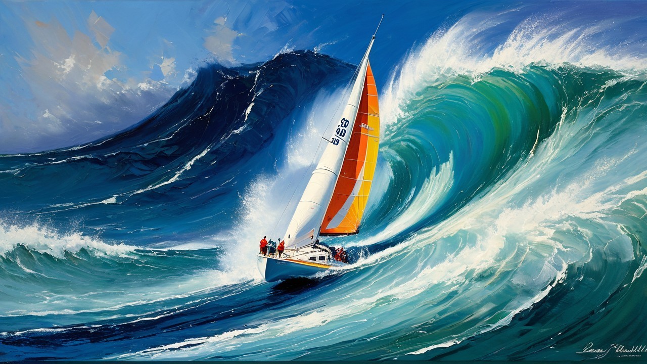 Vibrant Seascape with Sailboat and Towering Wave
