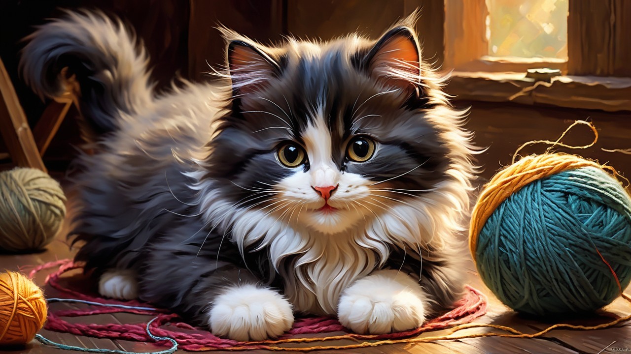 Fluffy Black and White Kitten on Cozy Wooden Floor
