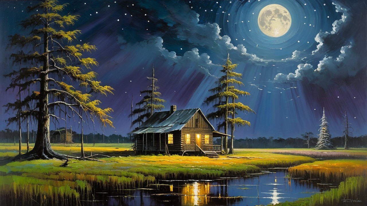 Serene Night Scene with Rustic Cabin and Moonlit Sky