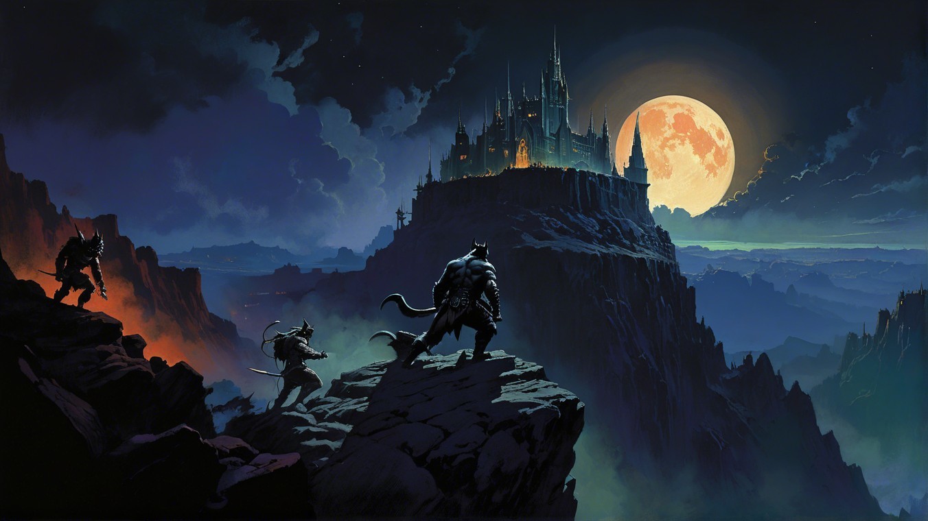 Dark Landscape with Castle and Glowing Moon