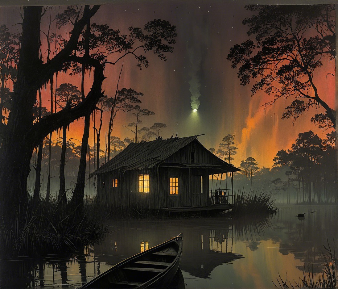 Serene Swamp Scene with Rustic Cabin at Dusk