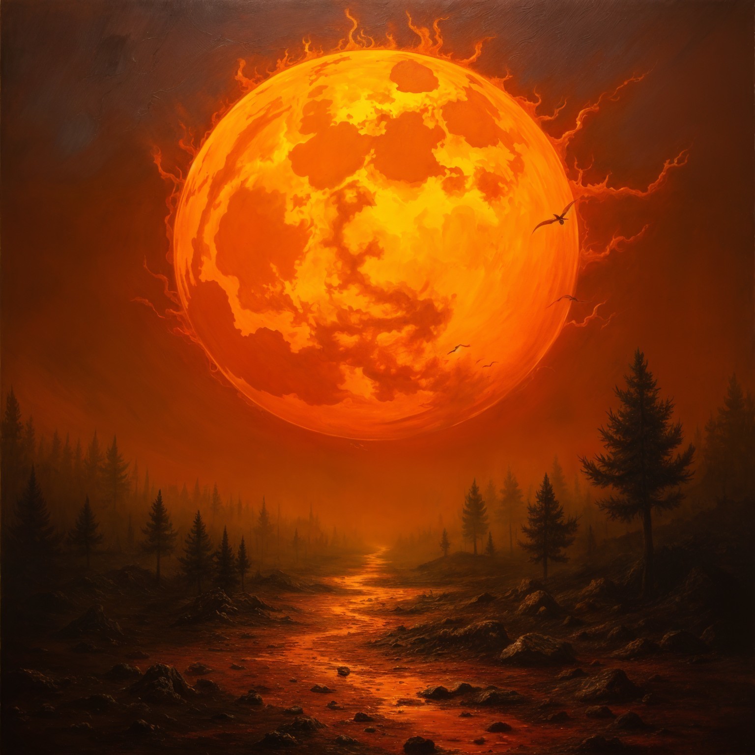 Dramatic Landscape with Fiery Sun and Winding River