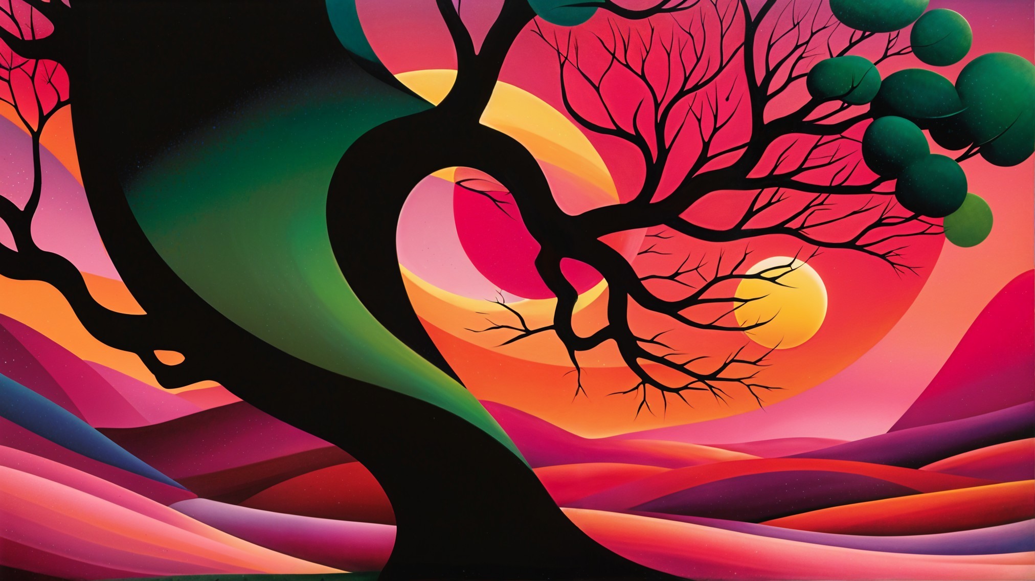 Surreal Landscape with Twisting Tree and Vibrant Skies