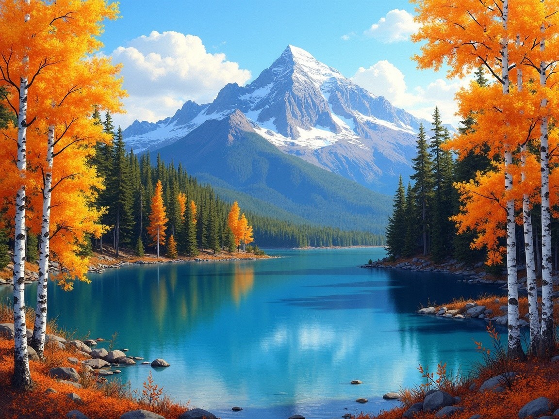 Serene Autumn Landscape with Lake and Mountains