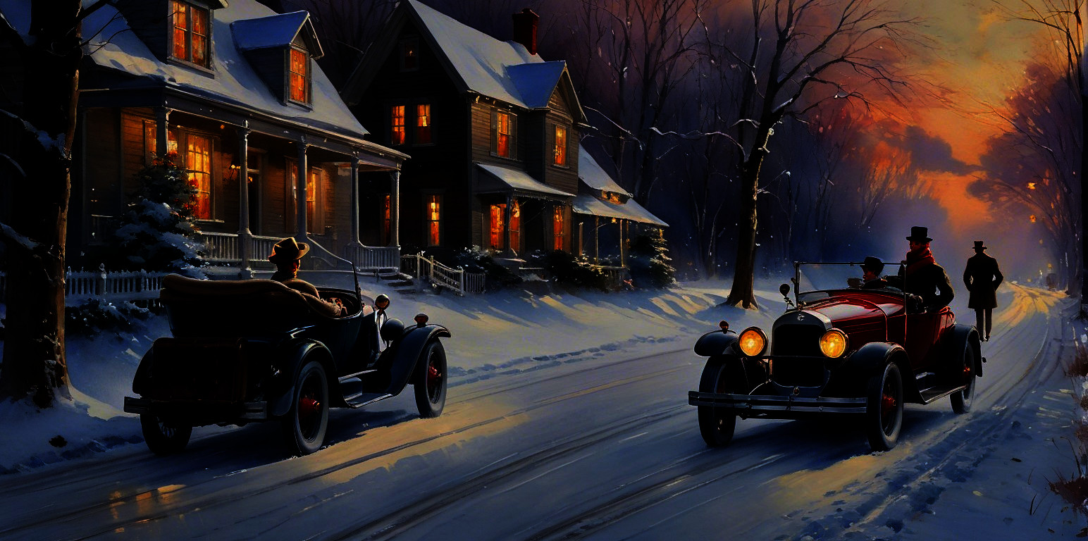 Panoramic Winter Scene with Vintage Cars and Snowy Town