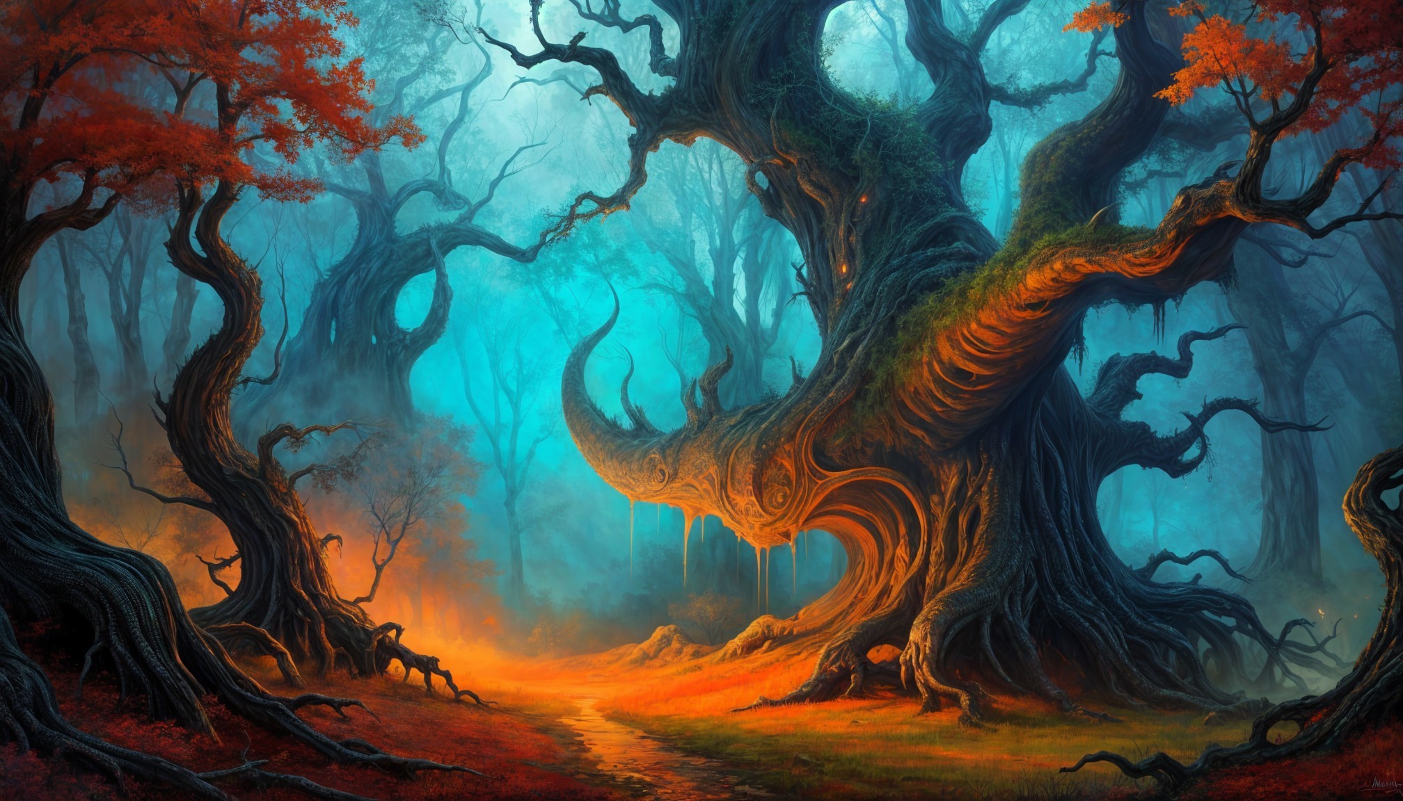Fantastical forest with ethereal light and vibrant foliage