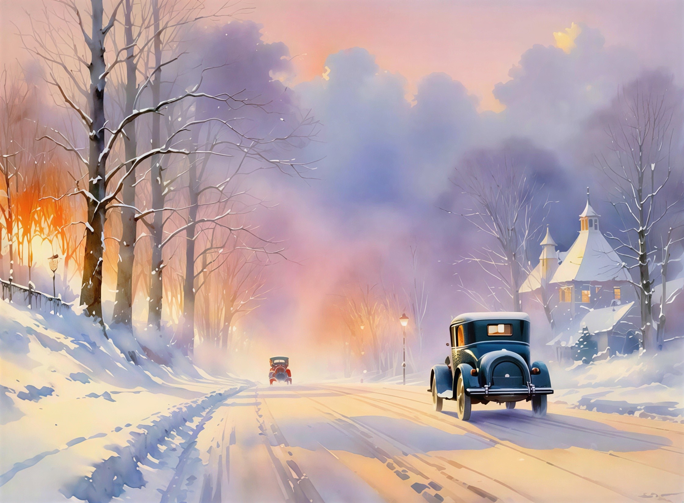 Winter Evening in a Quaint Town Watercolor Painting