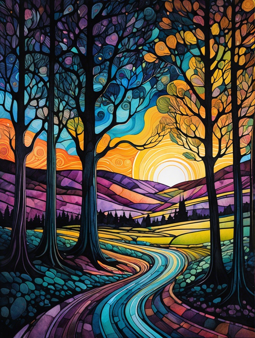 Vibrant Landscape with Winding River and Sunset Sky