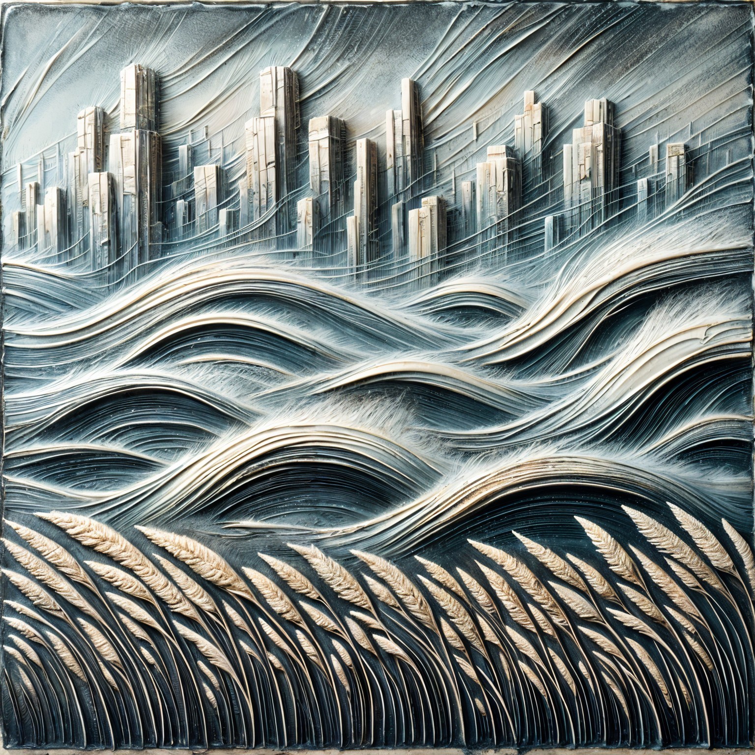 Textured artwork of a cityscape with water waves