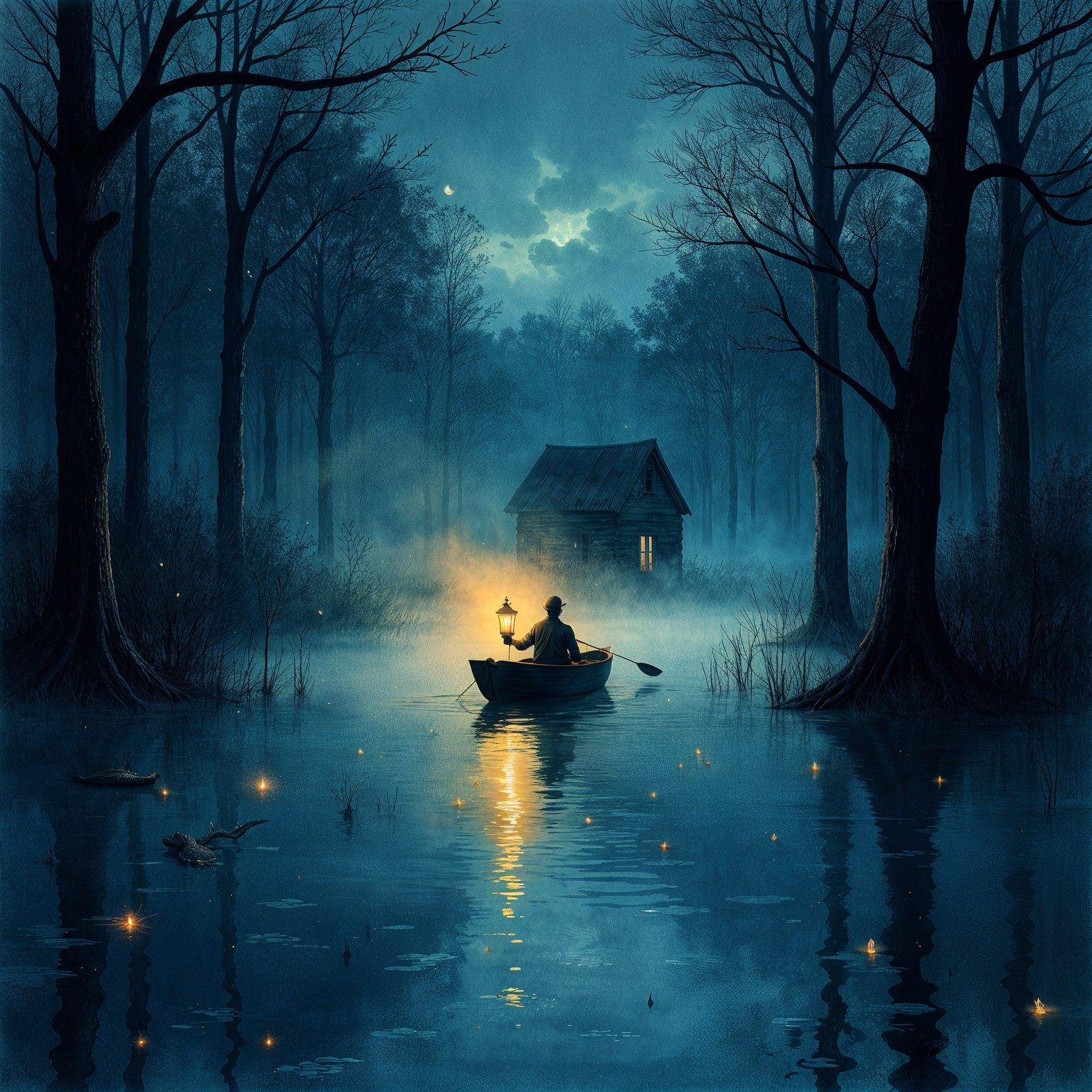 Moonlit Rowing Scene with Lantern and Fireflies