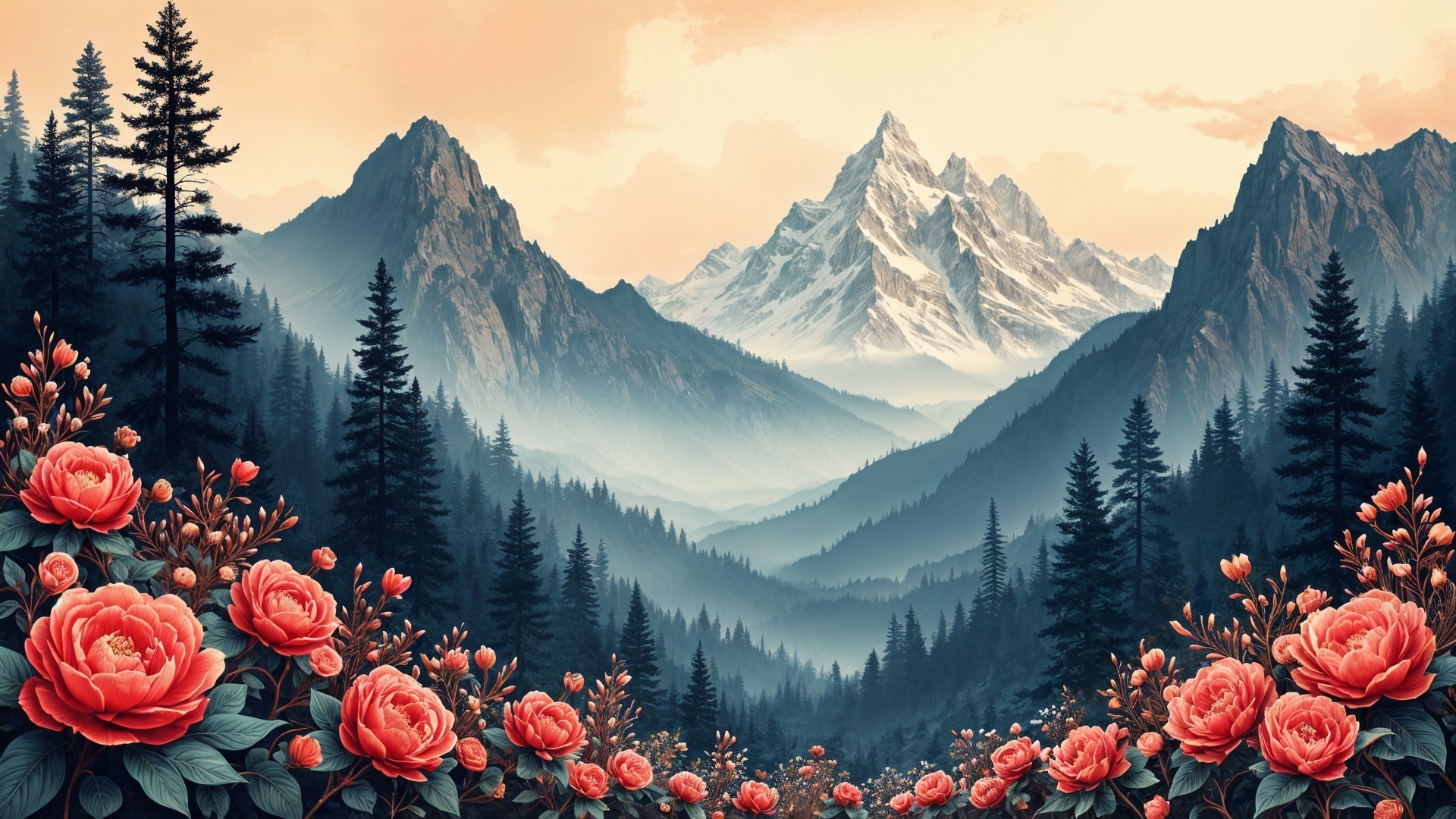 Mountain Landscape with Snowy Peaks and Roses