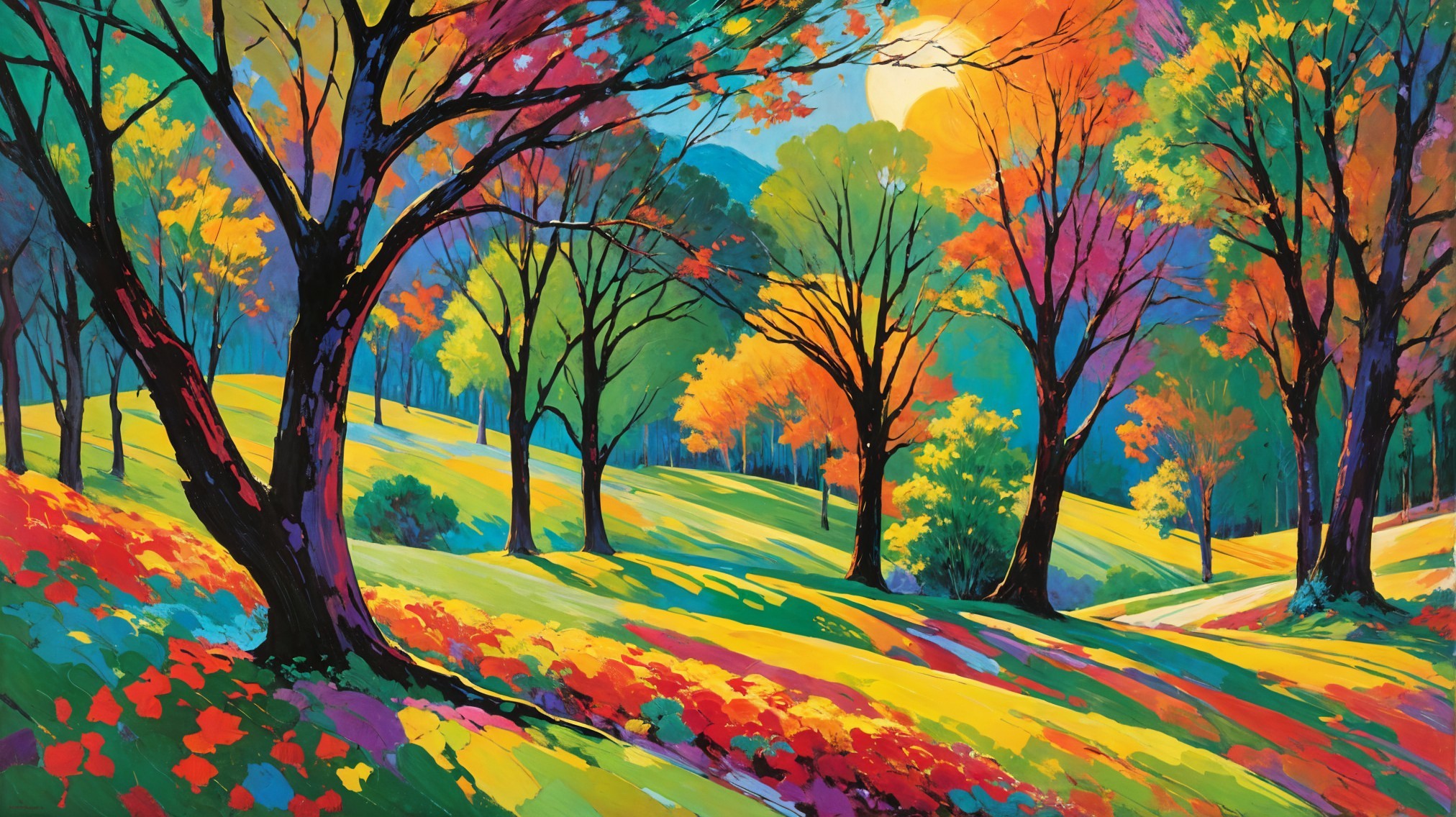 Autumn Landscape with Colorful Trees and Wildflowers