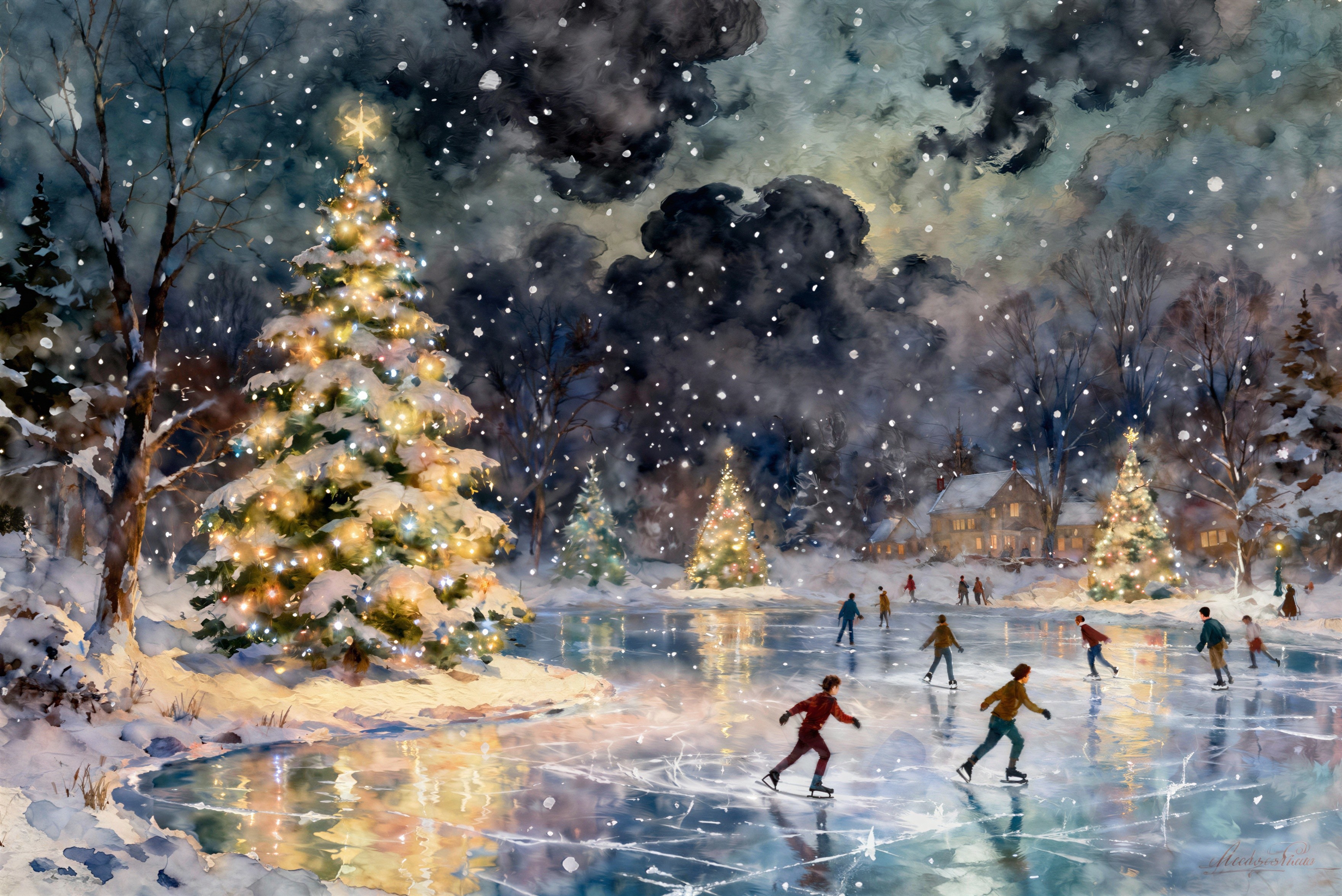 Vibrant Winter Scene with Ice Skating and Christmas Trees