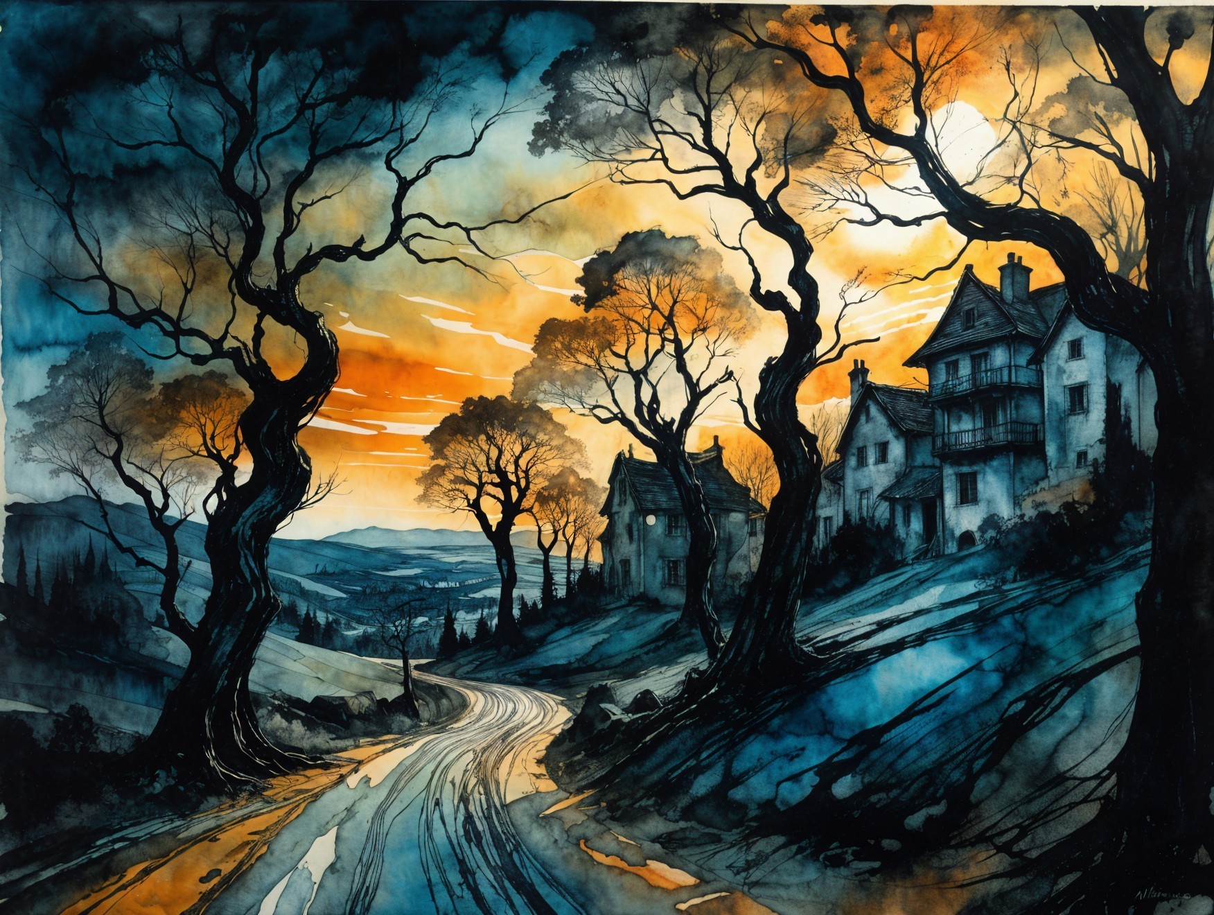 Winding Road Through Dark Landscape at Sunset